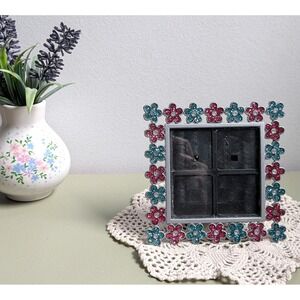 Y2K Glitter Flower Picture Frame Pink Blue 3x3 Photo Frame Retro Decor